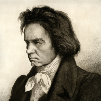 Black-and-white portrait of a glowering Beethoven