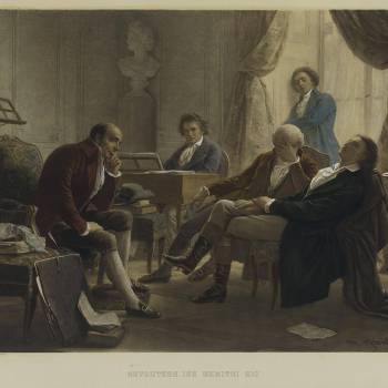 Painting showing Beethoven at the keyboard playing for a small group of people