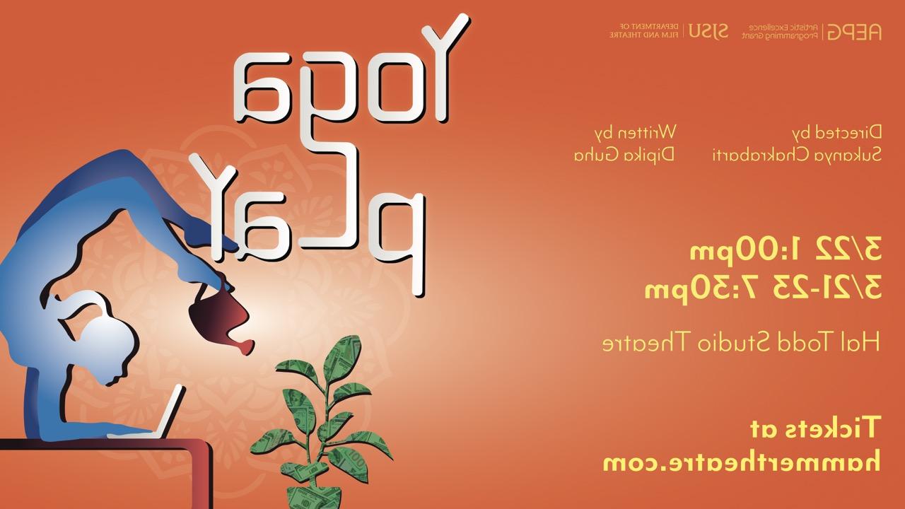 Yoga Play promotional poster with woman in an inverted yoga pose while working on her laptop and watering a house plant with her feet.