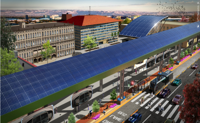 computer generated color image of a solar powered public transit system suspended over the center of regular roads.