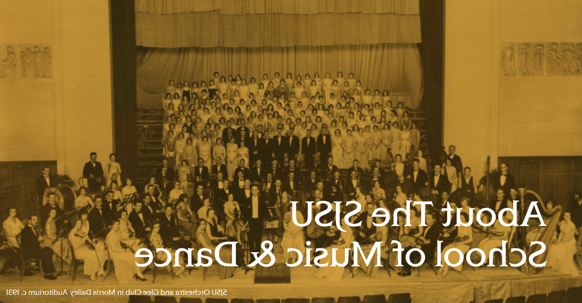 Historic image of School of Music musicians on stage.